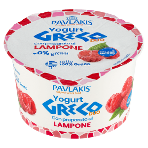 Duo Yogurt Greco 0% Lampone cremoso e fresco ideale per dessert e snack nel food service.