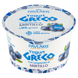 Duo Yogurt Greco 0% Mirtillo cremoso e fresco ideale per dessert e piatti freschi nel food service.