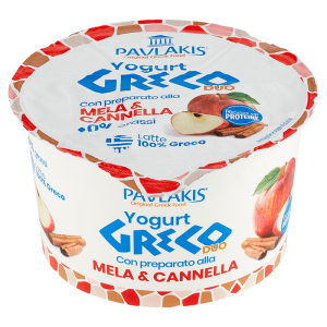 Duo Yogurt Greco 0% Mela-Cannella cremoso e aromatico ideale per dessert e piatti autunnali nel food service.