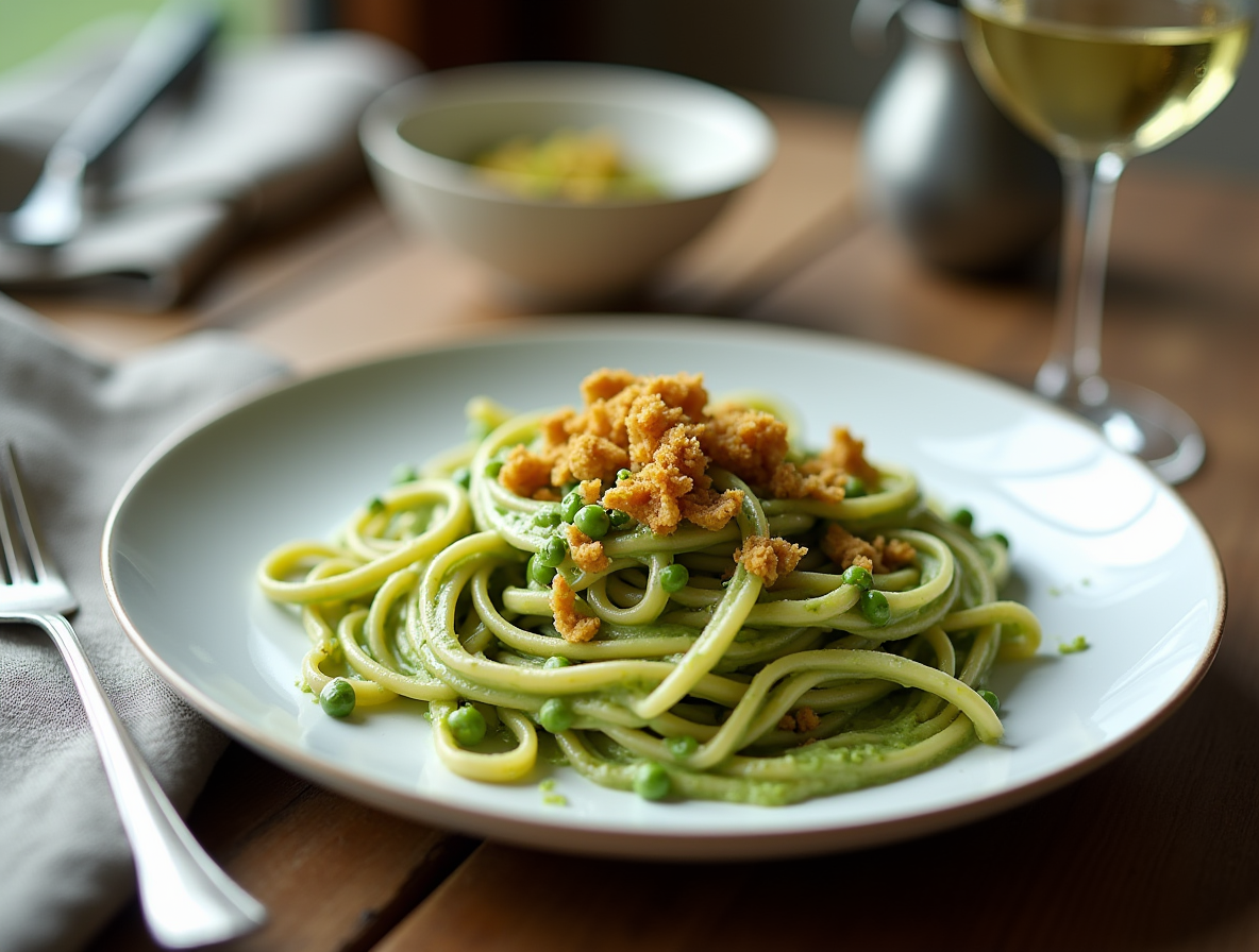 Scialatielli con crema di piselli, pistacchio e tofu croccante
